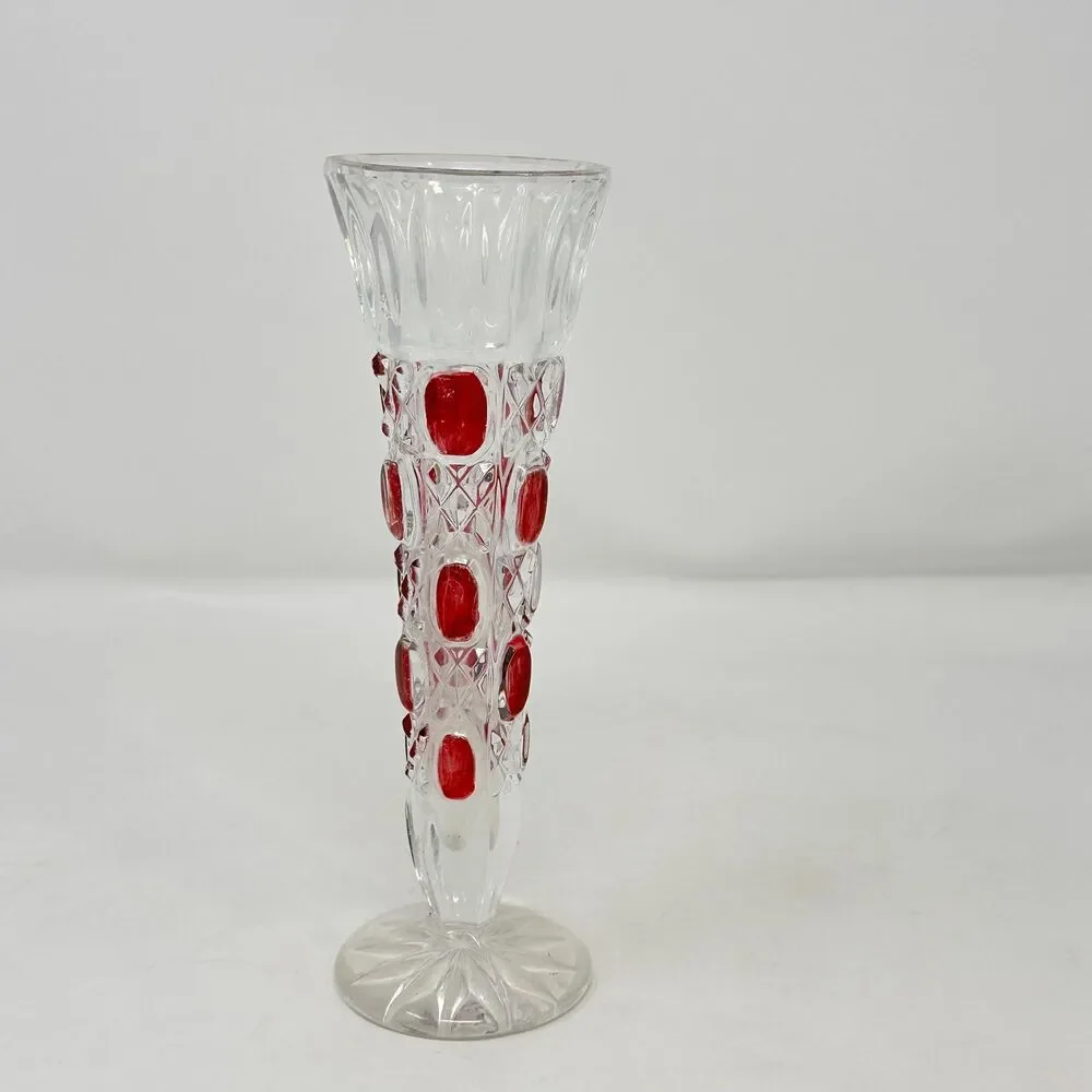 Vintage Lead Crystal Clear Bud Vase Ruby Red Flash Cut Glass Germany 8